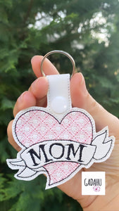 Mom heart Snap tab Key Fob ITH Embroidery Design file