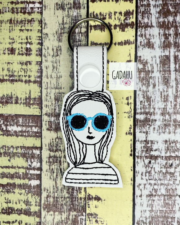 Girl with sunglasses Snap tab Key Fob ITH Embroidery Design file