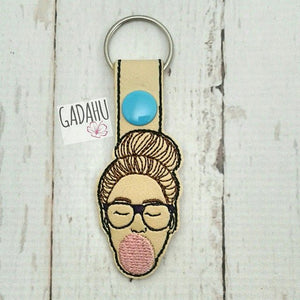 Girl with bubblegum Snap tab Key Fob ITH Embroidery Design file