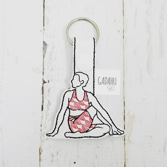 Yoga Girl Twist Pose Snap tab Key Fob ITH Embroidery Design file