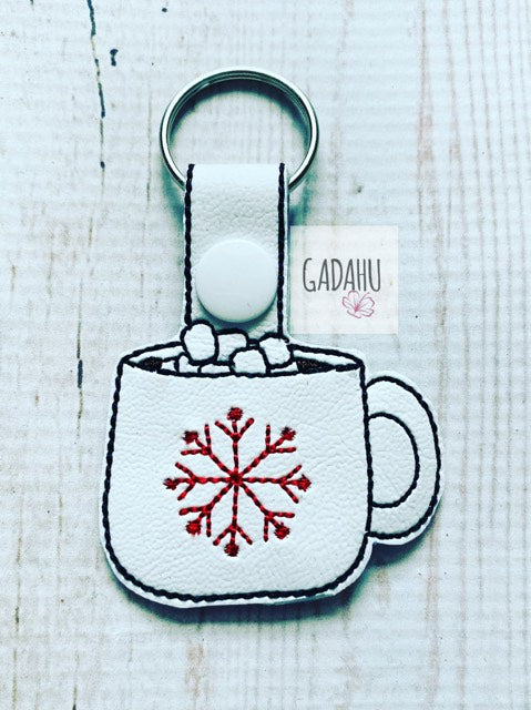 Snowflake Mug Snap tab Key Fob ITH Embroidery Design file