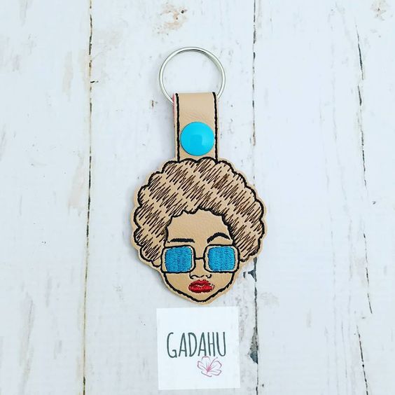 Afro Girl Snap tab Key Fob ITH Embroidery Design file