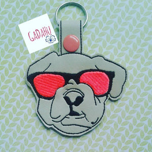 Bulldog with sunglasses Key Fob Snap Tab Embroidery Design 4X4 size. Bonus!!! applique sunglasses file included!!!