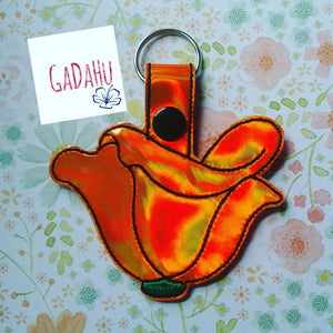 California Poppy Flower Key Fob Snap Tab Embroidery Design 4X4 size.