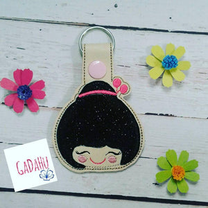 Cute Kokeshi Doll Face Fob Snap Tab Embroidery Design 4X4 size