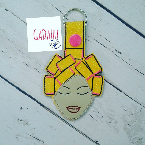 Woman with curlers Key Fob Snap Tab Embroidery Design