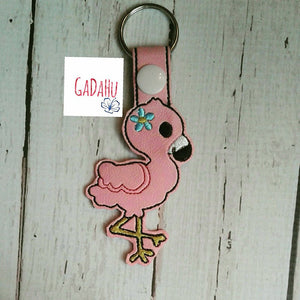 Cute Flamingo with Flower Key Chain Snap Tab Embroidery Design