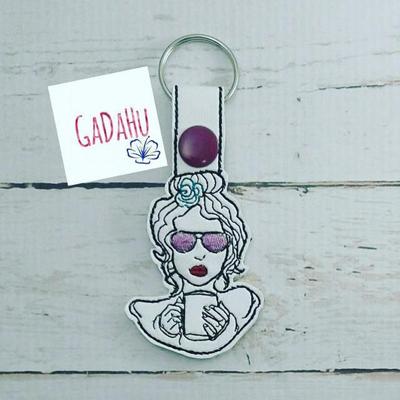 But first coffee/Coffee Girl with sunglasses Key Fob Snap Tab Embroidery Design