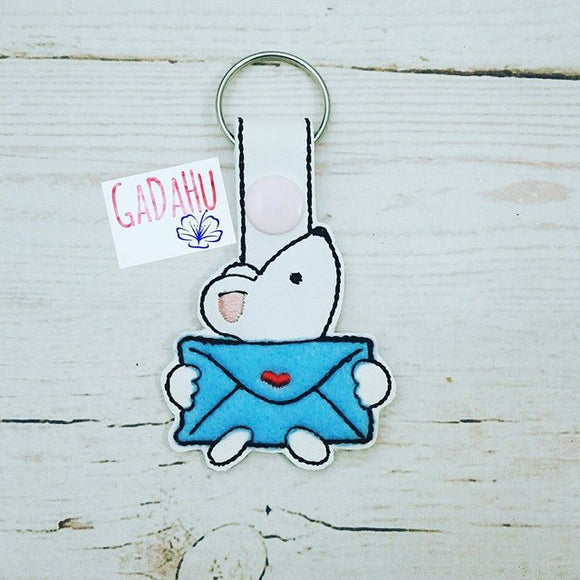 Cute Mouse with Love Letter Key Fob Snap Tab Embroidery Design