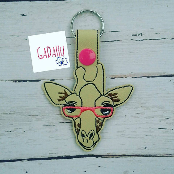 Cute Giraffe with Glasses Key Fob Snap Tab Embroidery Design