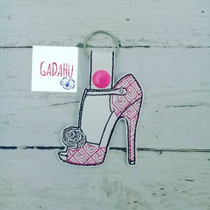 Woman High Heel Shoe Key Fob Snap Tab Embroidery Design