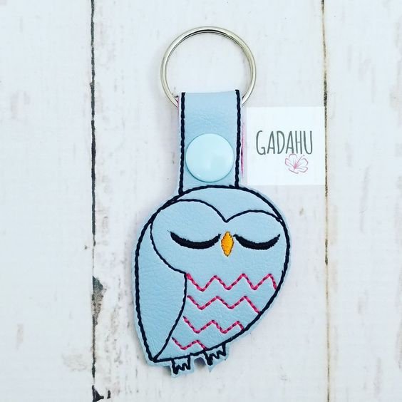 Cute owl Snap tab Key Fob ITH Embroidery Design file