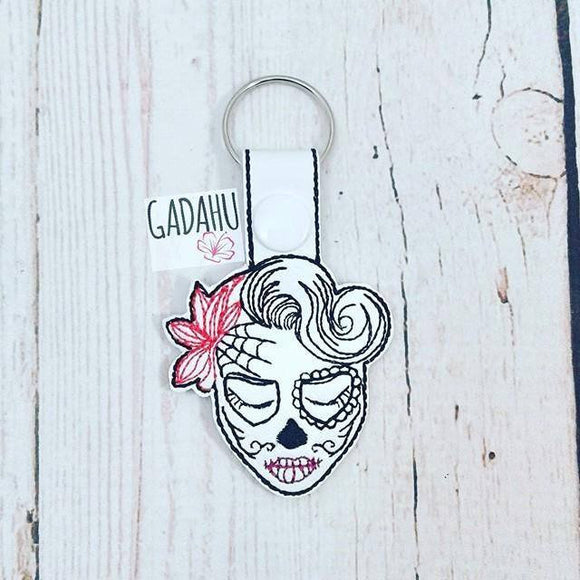 Sugar Skull Girl Snap tab Key Fob ITH Embroidery Design file