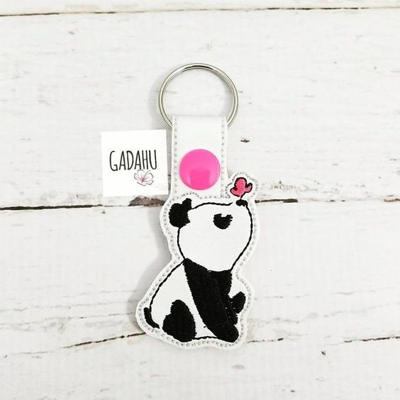 Panda with butterfly Key Fob Snap Tab Embroidery Design. Instant Digital Download.