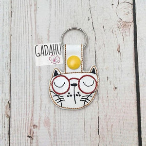 Cat with glasses Snap tab Key Fob ITH Embroidery Design file