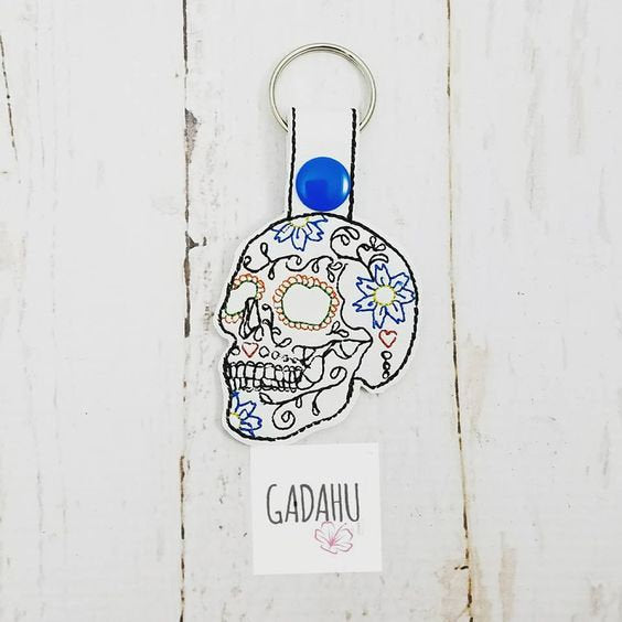 Sugar Skull Snap tab Key Fob ITH Embroidery Design file