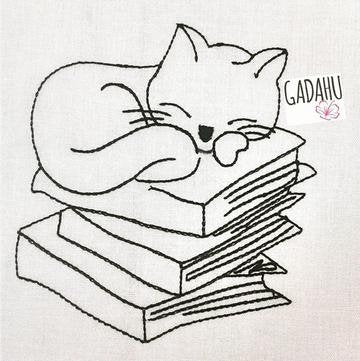 Cat Sleeping on Books Machine Embroidery Design File 4X4/5X7 Instant Download