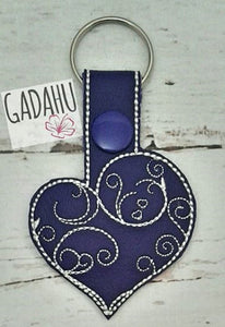 Floral Heart Snap tab Key Fob ITH Embroidery Design file