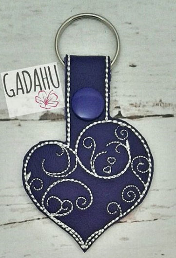 Floral Heart Snap tab Key Fob ITH Embroidery Design file